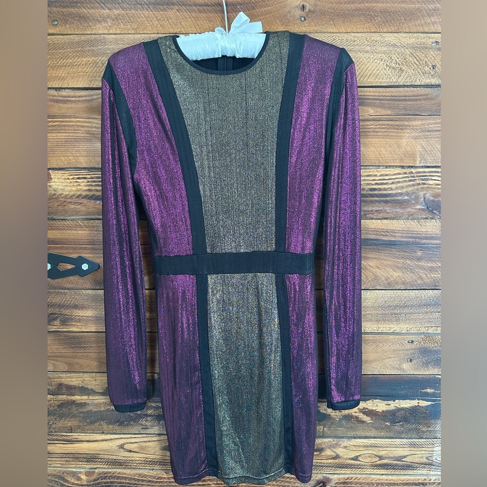 PrettyLittleThing Shimmering Purple‎ and Gold Long Sleeve Dress